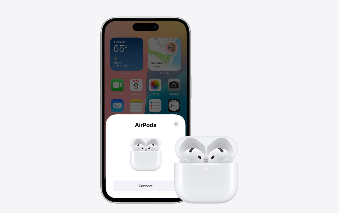 AirPods e iPhone com o ecrã que mostra que estão ligados.