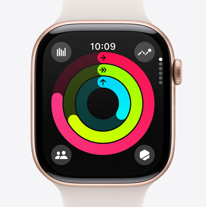 „Apple Watch Series 10“ su programa „Activity“, kurioje rodomas judėjimo, treniruočių ir stovėjimo žiedų progresas.