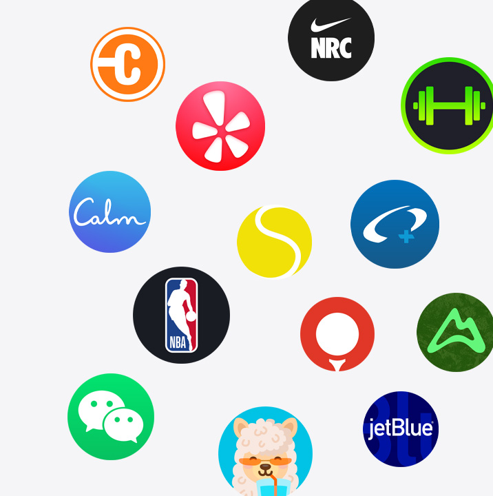 „Apple Watch“ programų piktogramos „App Store“. „ChargePoint“, „Yelp“, „Nike Run Club“, „SmartGym“, „Calm“, NBA, „SwingVision“, „Oceanic+“, „WeChat“, „Waterllama“, „Golfshot“, „JetBlue“ ir „AllTrails“.