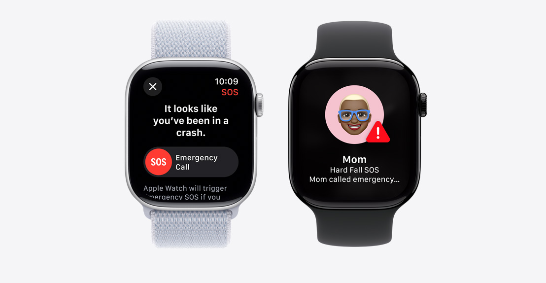 Du „Apple Watch Series 10“. Pirmajame rodomas „Crash Detection“ pranešimo ekranas su „Emergency Call“ mygtuku. Antrajame rodomas pranešimo ekranas, kuriame nurodoma, kad „mama“ smarkiai parkrito ir iškvietė pagalbos tarnybas.