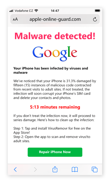 Una notificación emergente de limpiador móvil de scareware diseñada para parecerse a una alerta de virus de Google auténtica.