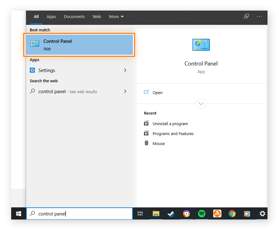 Cómo localizar el Panel de control a través del menú Inicio de Windows para eliminar scareware.