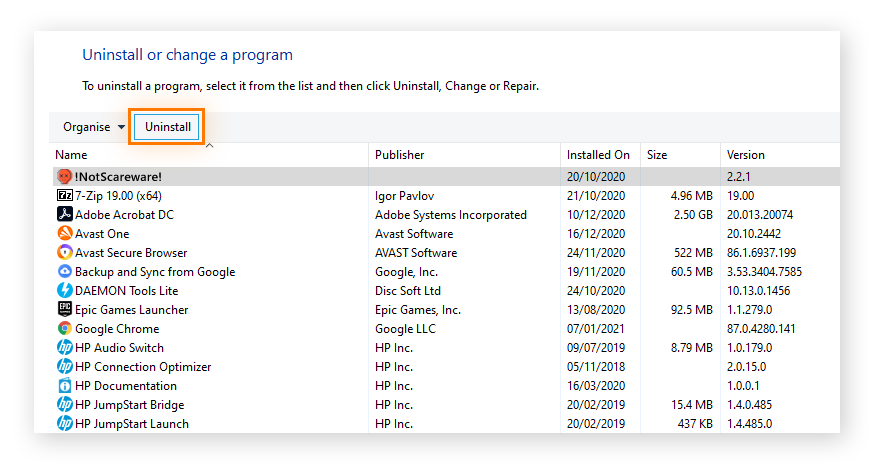 Cómo deshacerse de scareware mediante la desinstalación de una aplicación con el Panel de control de Windows.