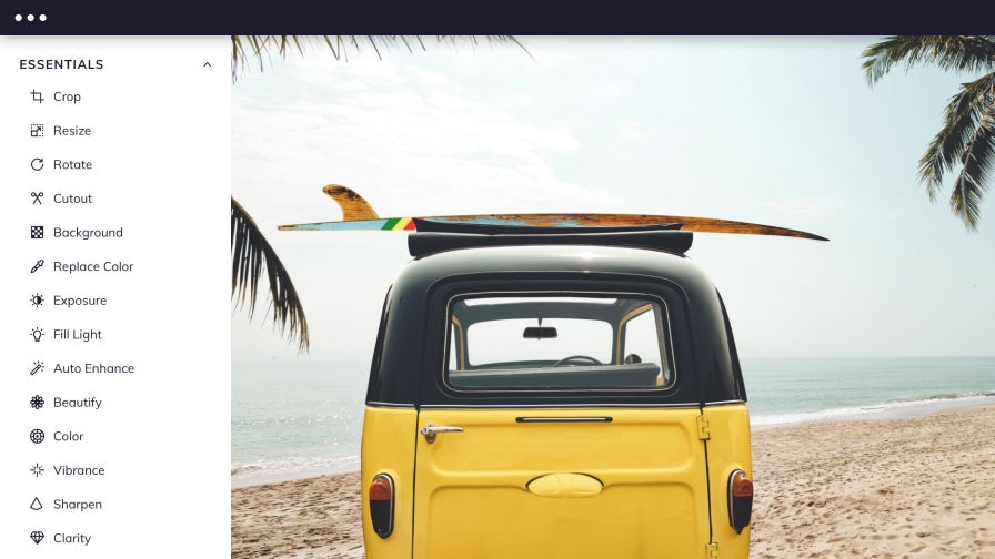 UI of BeFunky's photo editor with an image of a vw bus on the beach with a surfboard on the roof