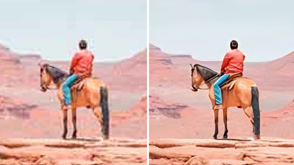 side by side image of a man on a horse that shows the detail enhancements of the upscale tool