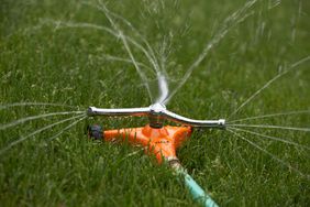 Orange lawn sprinkler watering lawn