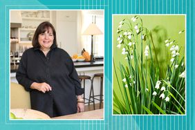 left: ina garten smiling in home; right: flowering leucojum against green background