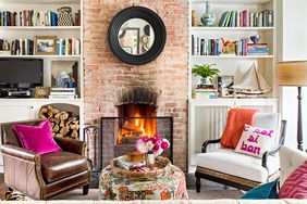 living room brick fireplace mirror