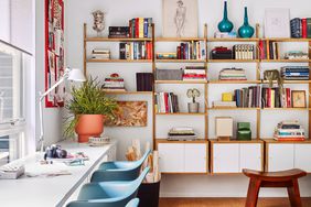 home office with bookshelves midcentury modern style