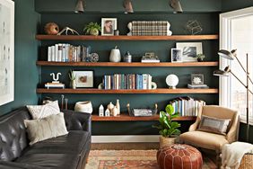 living room with dark green wall, open shelves with antique books, leather couch