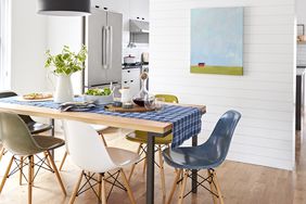 Kitchen and dining room separated by shiplap partition wall