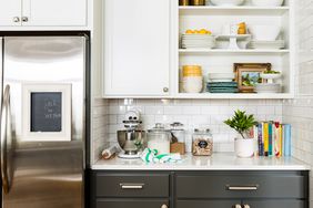 kitchen with white and gray cabinets with open shelves