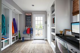 entryway mudroom office with wood-look tile