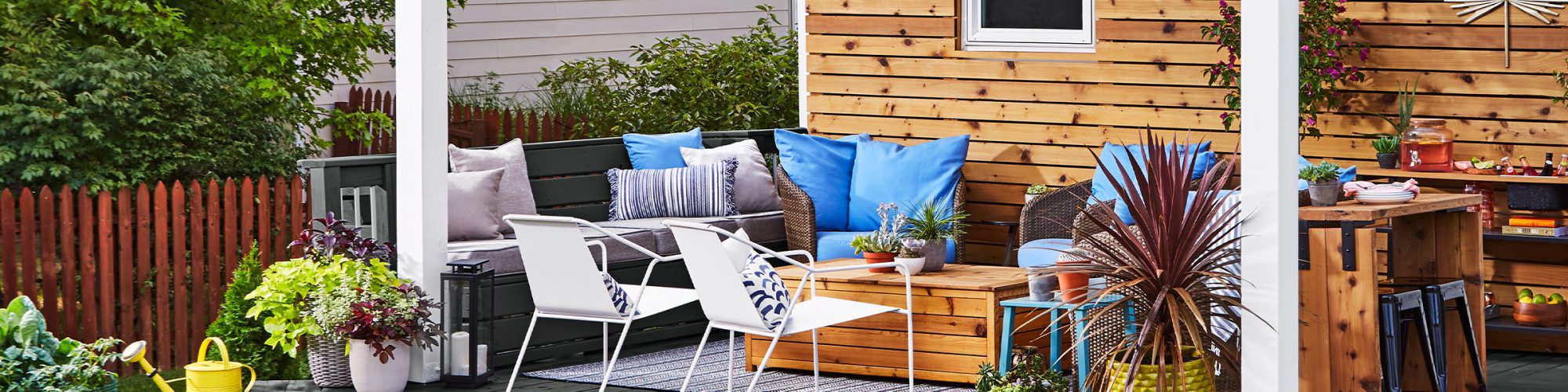 colorful patio furniture on wooden deck