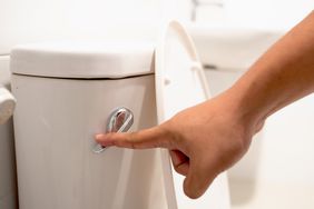 woman flushing a toilet