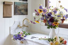 floral bouquet on bathroom counter