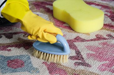 scrubbing cleaning carpet rug with bristle brush and sponge