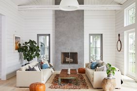 modern farmhouse living room concrete fireplace