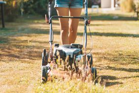 person mowing brown dry lawn