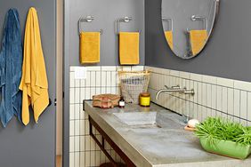 gray bathroom with white tile