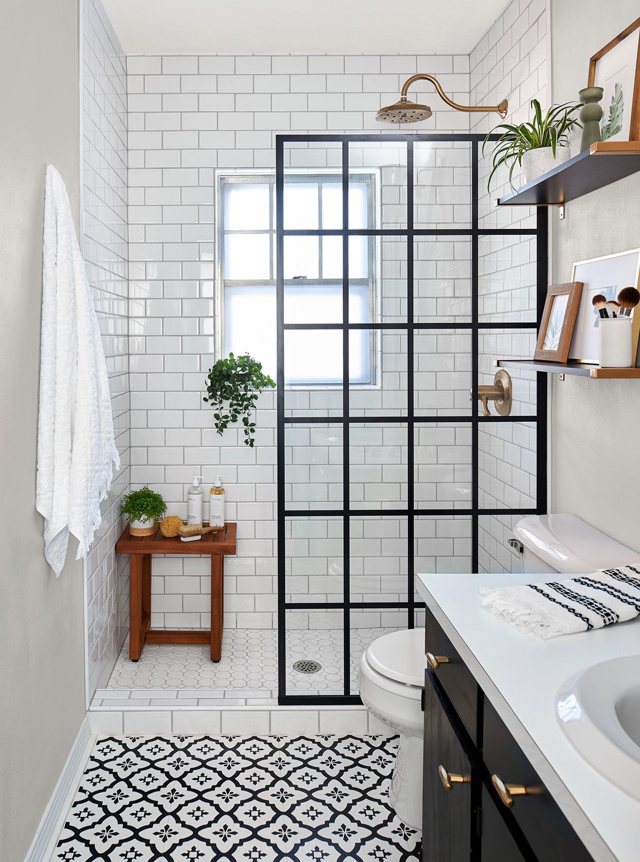 black white modern bathroom with plants