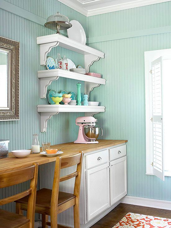 Kitchen shelves with colorful dishes