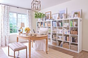 cube bookcase in office with desk and yellow rug