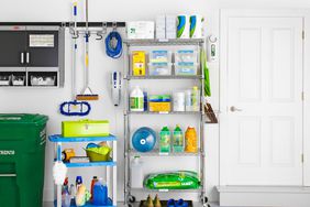 garage with cleaning supplies on carts