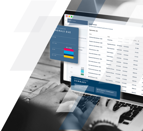 A person typing on a laptop displaying a financial dashboard, crucial for Customer Success Teams. Overlayed are charts showing "Renewals Due" with colorful bar graphs and a "Renewal Center Summary" widget. The theme focuses on business solutions and in-depth financial analysis.