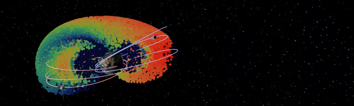 Schematische Darstellung des Ringstroms im Weltraum: Ein halber Donut aus bunten Punkten umgibt die Erde; Hintergrund schwarz mit hellen Punkten..