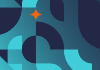 Abstract design elements in teal, dark blue, and sea green, with an orange diamond shape near top left corner.