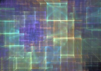 Digitally generated image of cube shapes in green, soft yellow, and purple hues against a darker background.