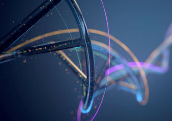 Digitally created image of DNA strands against a blue/silver background. Copper and pink colored strands appear as well as small pink and colored lights in the background.