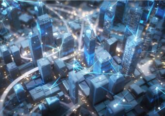 Digital rendering of a cityscape with glowing connection lines, representing high speed wireless and data connections.