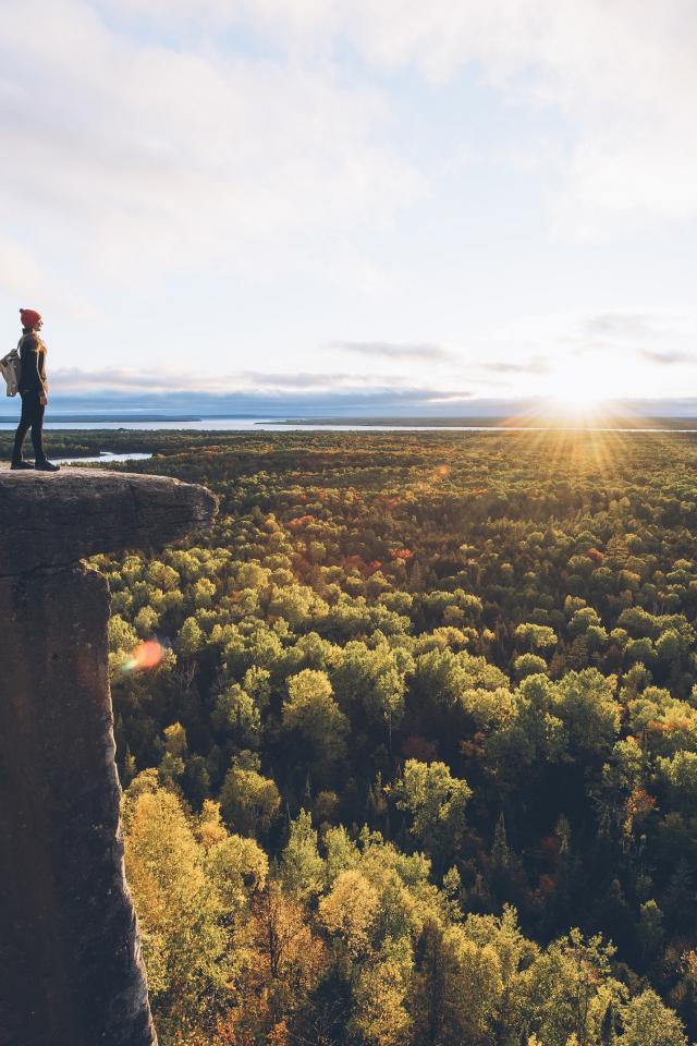 A person standing on a cliff overlooking a forest landscape