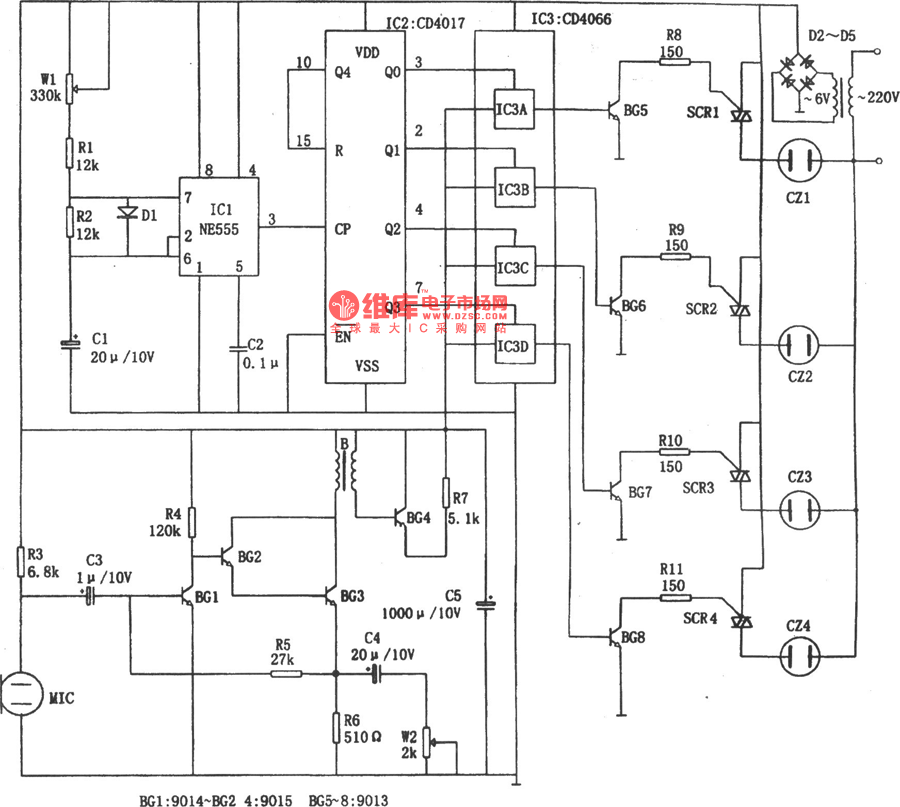 音乐彩灯控制器(NE555、CD4066、CD4017)