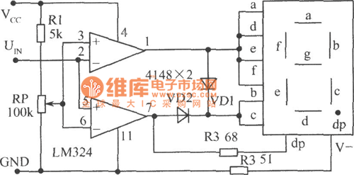 使用电压比较器LM324组成的电平测试电路图