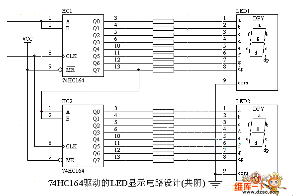 74HC164驱动的LED显示电路（共阴）电路图