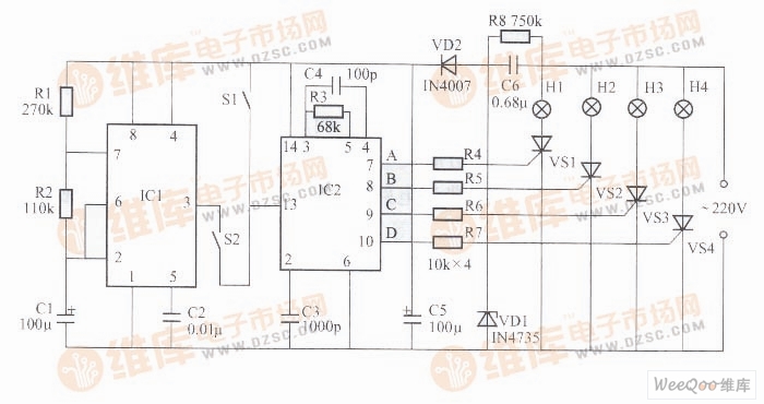 利用YX9010构成的多功能彩灯控制器电路