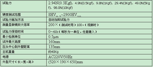 维氏硬度计主要技术参数