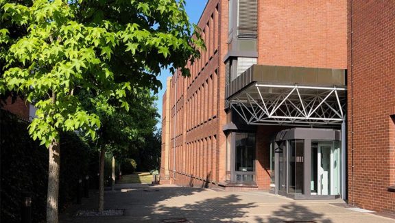 Exterior view of a building with an alleyway