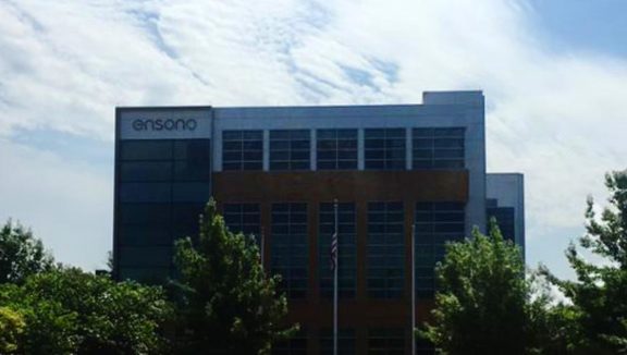 Exterior view of a building with the ensono logo on the outside