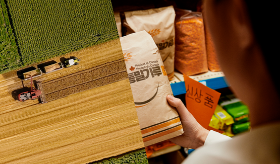 Split-screen image of an overhead shot of a tractor cultivating a wheat field (left) and a woman at a grocery store holding a wheat product in her hand (right).