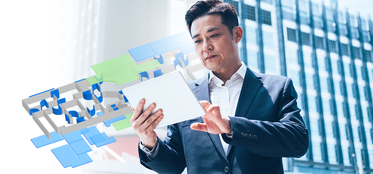 Executive looking at a tablet next to an illustration of indoor GIS data of a building with green and blue squares