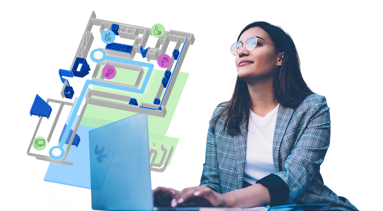 Woman on a laptop looking at an indoor map of a building with building floorplan, asset, and routing data