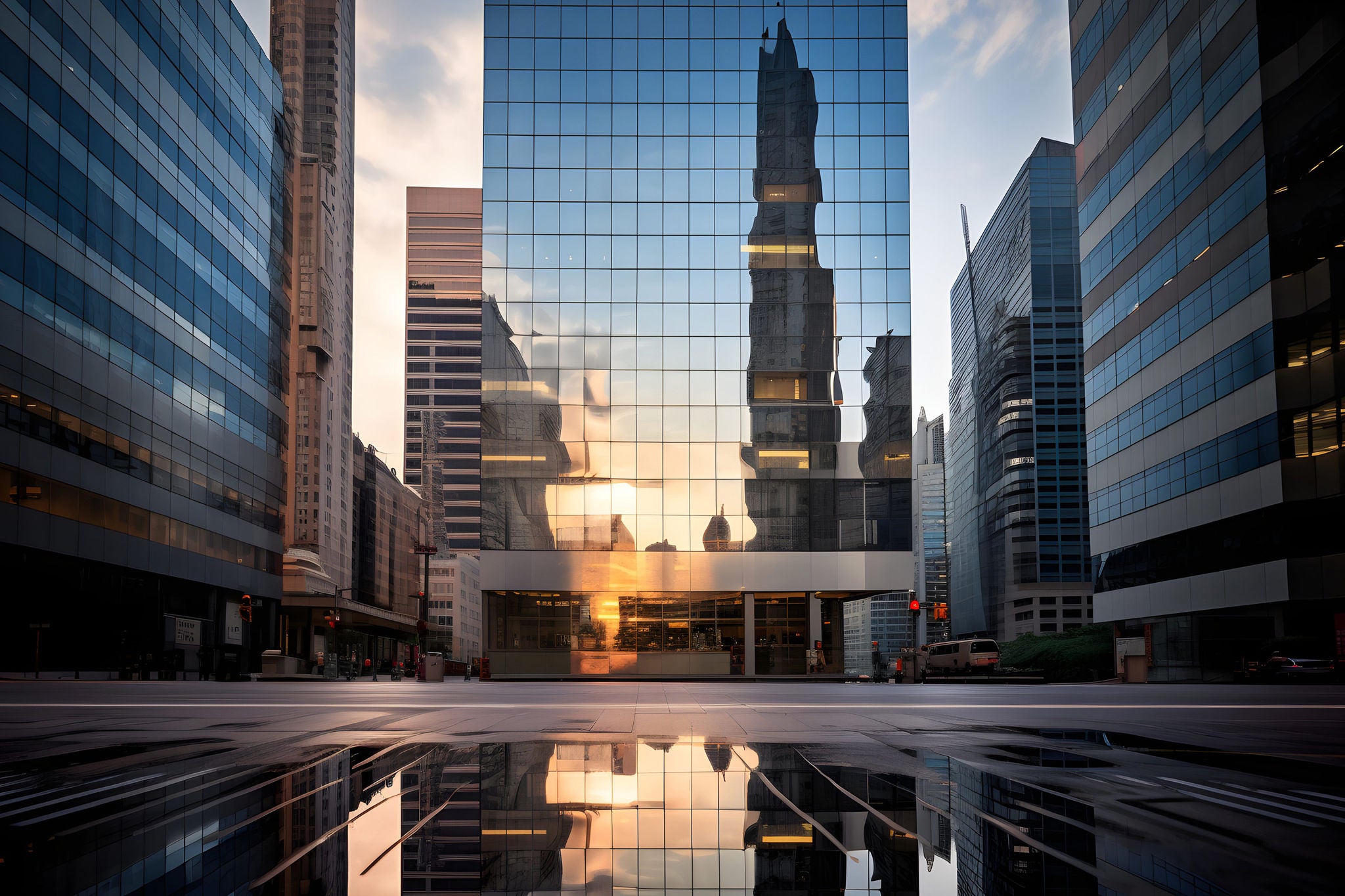 Reflective skyscrapers business office building.