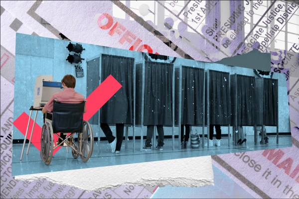 One person in a wheelchair voting in a specialized voting booth for people with disabilities next to a group of people voting in a curtained voting booth.