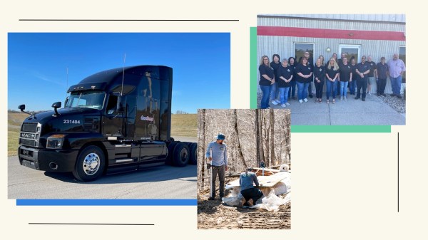 Collage of employees of Core Trans and trucks used by the organization. There is also an image of employees from Cura Concrete on a construction site.