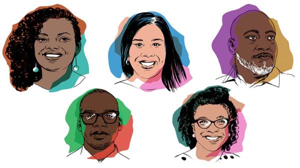 Illustrations of Adriana Barbosa, Monica Ramirez, Desmond Meade, Sekou Siby, and Tanya Wallace-Gobern