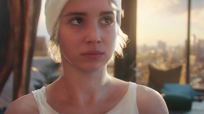 Alba Baptista stars as Stevie in short film FLITE, wearing a cream vest top and beanie hat